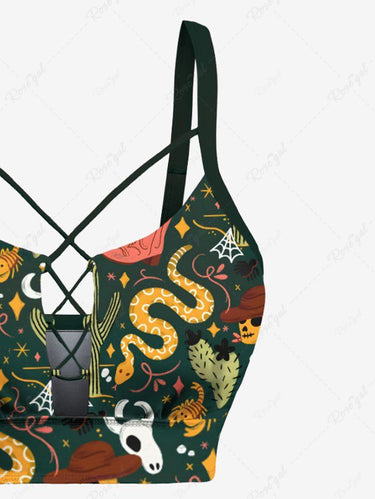Gothic Skull Sheep Head Snake Cactus Print Hawaii Lace Up Tankini Swimsuit (Adjustable Shoulder Strap)