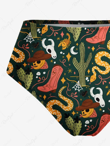 Gothic Skull Sheep Head Snake Cactus Print Hawaii Lace Up Tankini Swimsuit (Adjustable Shoulder Strap)