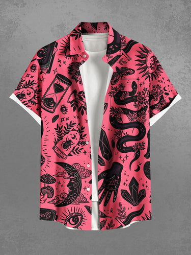 Gothic Plus Size Moon Mushroom Eye Floral Snake Print Button Pocket Shirt For Men