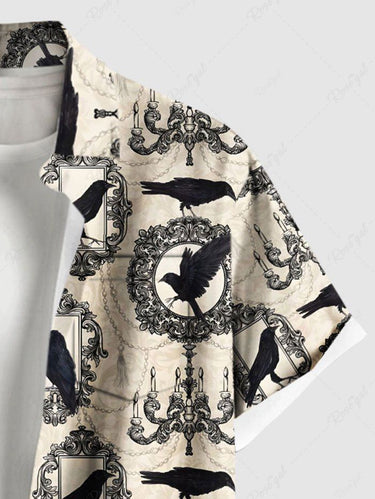 Gothic Plus Size Chandelier Crow Wreath Print Button Pocket Shirt For Men
