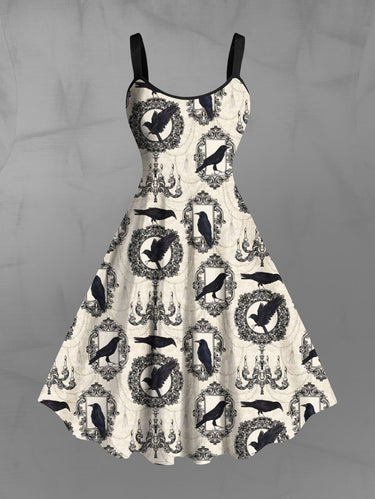 Gothic Plus Size Chandelier Crow Wreath Print A Line Tank Dress