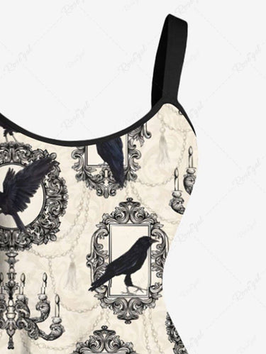 Gothic Plus Size Chandelier Crow Wreath Print A Line Tank Dress