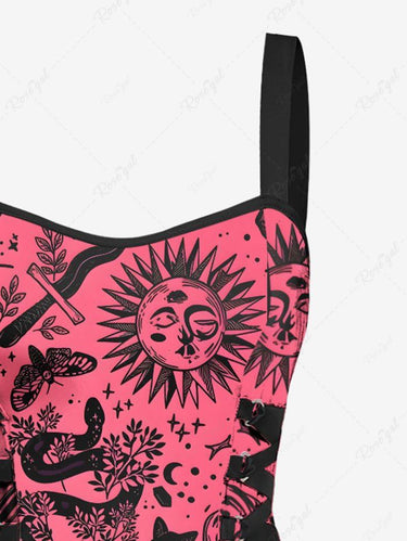 Gothic Sun Floral Snake Cat Print Lace Up A Line Tank Dress