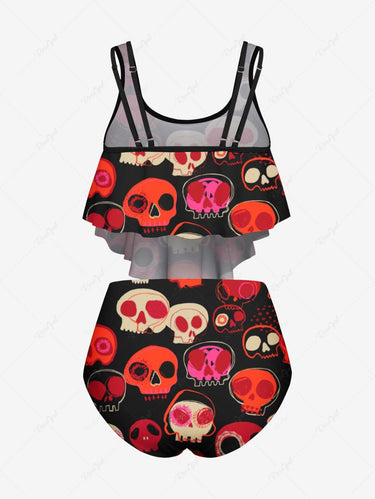 Gothic Colorful Skull Print Peplum Hem Tankini Swimsuit (Adjustable Shoulder Strap)