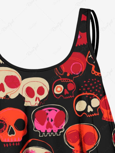 Gothic Colorful Skull Print Peplum Hem Tankini Swimsuit (Adjustable Shoulder Strap)