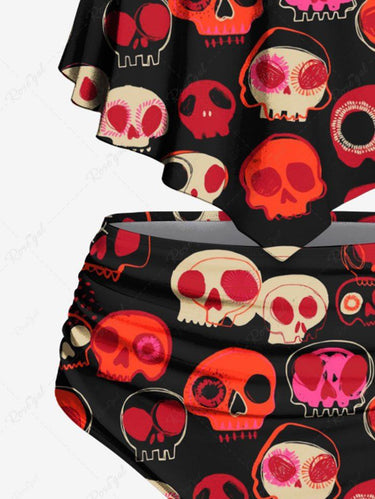 Gothic Colorful Skull Print Peplum Hem Tankini Swimsuit (Adjustable Shoulder Strap)