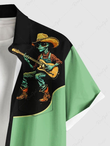 Gothic Plus Size Western Cowboy Style Guitar Player Print Hawaii Button Pocket Shirt For Men
