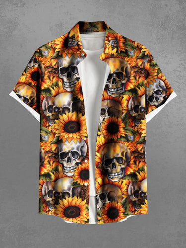 Gothic Plus Size Skull Sunflower Print Button Pocket Shirt For Men