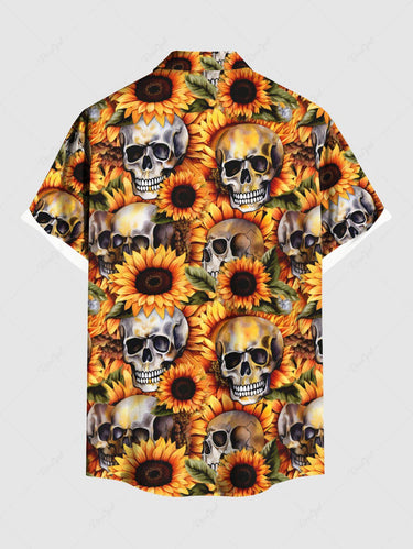 Gothic Plus Size Skull Sunflower Print Button Pocket Shirt For Men