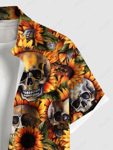 Gothic Plus Size Skull Sunflower Print Button Pocket Shirt For Men