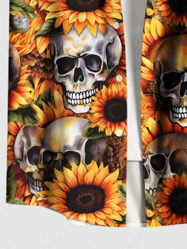 Gothic Plus Size Skull Sunflower Print Button Pocket Shirt For Men