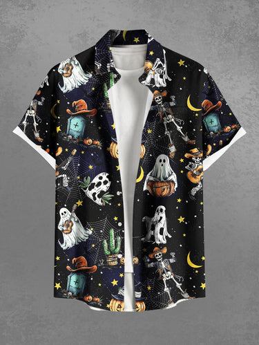 Gothic Plus Size Western Cowboy Style Skeleton Ghost Cactus Spider Web Pumpkin Moon Star Print Hawaii Shirt For Men