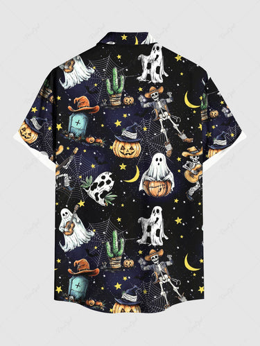 Gothic Plus Size Western Cowboy Style Skeleton Ghost Cactus Spider Web Pumpkin Moon Star Print Hawaii Shirt For Men