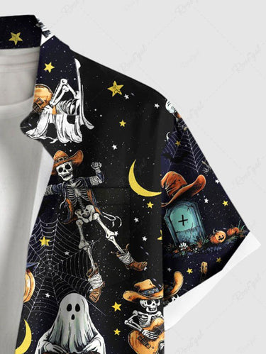 Gothic Plus Size Western Cowboy Style Skeleton Ghost Cactus Spider Web Pumpkin Moon Star Print Hawaii Shirt For Men