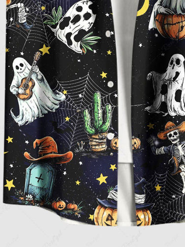 Gothic Plus Size Western Cowboy Style Skeleton Ghost Cactus Spider Web Pumpkin Moon Star Print Hawaii Shirt For Men