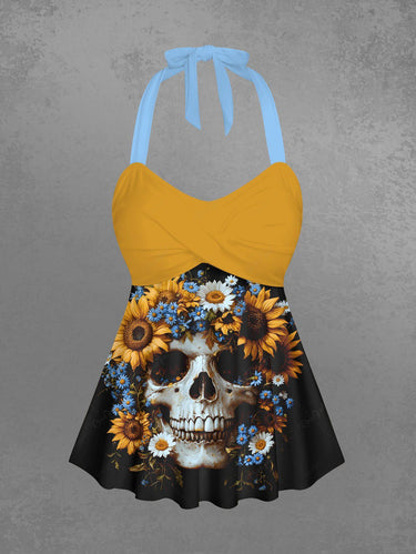 Gothic Skull Sunflower Printed Hawaii Twist Halter Backless Tankini Top