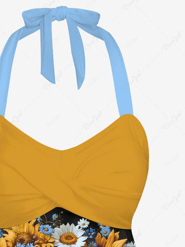 Gothic Skull Sunflower Printed Hawaii Twist Halter Backless Tankini Top