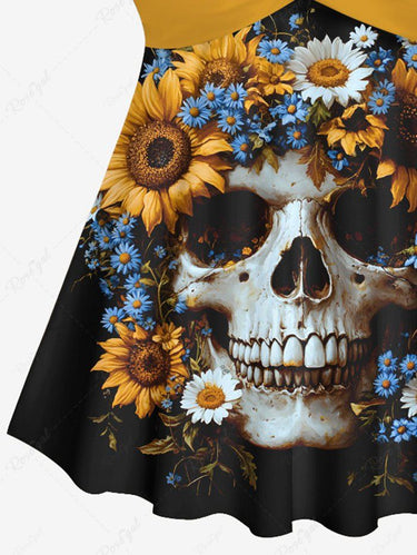 Gothic Skull Sunflower Printed Hawaii Twist Halter Backless Tankini Top
