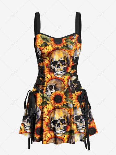 Gothic Skull Sunflower Print Lace Up A Line Tank Dress
