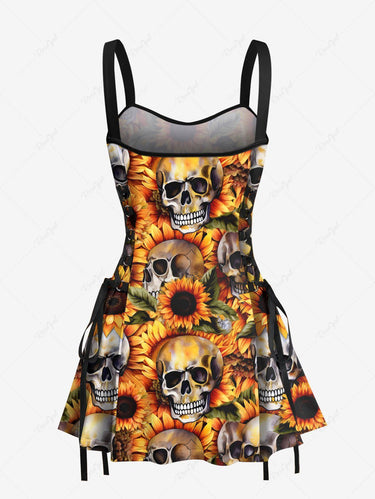 Gothic Skull Sunflower Print Lace Up A Line Tank Dress