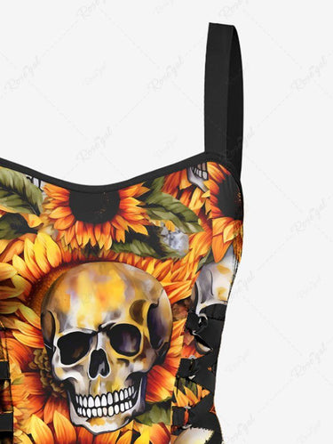 Gothic Skull Sunflower Print Lace Up A Line Tank Dress