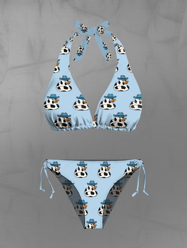 Gothic Western Cowboy Style Duck Print Hawaii Plunging Halter Backless Bikini Set