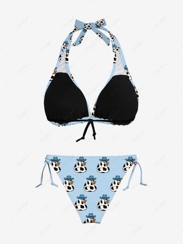 Gothic Western Cowboy Style Duck Print Hawaii Plunging Halter Backless Bikini Set