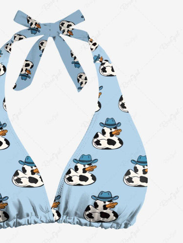 Gothic Western Cowboy Style Duck Print Hawaii Plunging Halter Backless Bikini Set