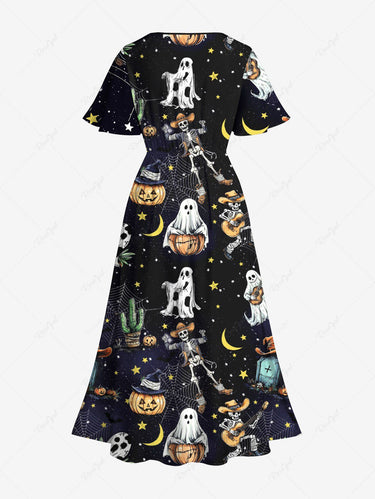 Gothic Plus Size Western Cowboy Style Skeleton Ghost Cactus Spider Web Pumpkin Moon Star Print Hawaii Split Pocket A Line Midi Dress