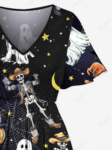 Gothic Plus Size Western Cowboy Style Skeleton Ghost Cactus Spider Web Pumpkin Moon Star Print Hawaii Split Pocket A Line Midi Dress
