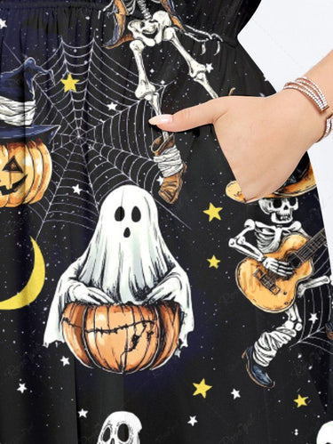 Gothic Plus Size Western Cowboy Style Skeleton Ghost Cactus Spider Web Pumpkin Moon Star Print Hawaii Split Pocket A Line Midi Dress
