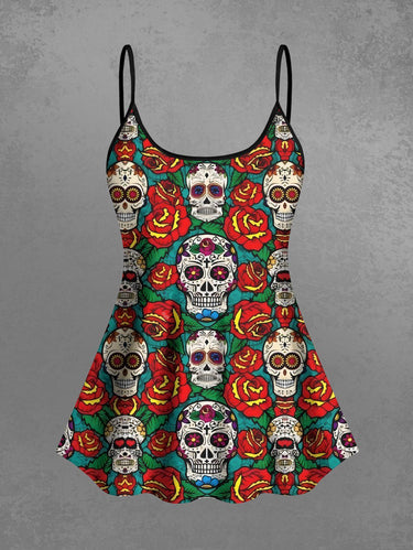 Gothic Skull Rose Flower Leaf Print Tankini Top(Adjustable Shoulder Strap)