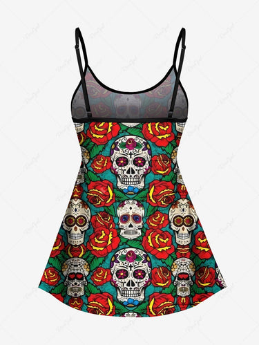 Gothic Skull Rose Flower Leaf Print Tankini Top(Adjustable Shoulder Strap)