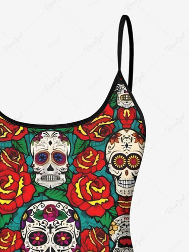 Gothic Skull Rose Flower Leaf Print Tankini Top(Adjustable Shoulder Strap)