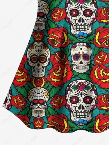 Gothic Skull Rose Flower Leaf Print Tankini Top(Adjustable Shoulder Strap)