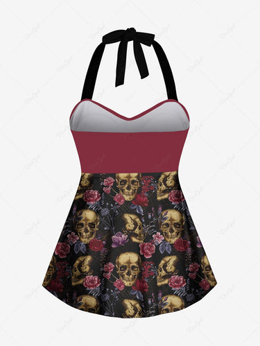 Gothic Skull Floral Tropical Leaves Print Hawaii Twist Halter Backless Tankini Top