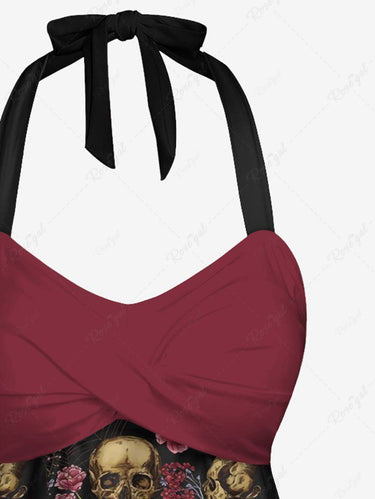 Gothic Skull Floral Tropical Leaves Print Hawaii Twist Halter Backless Tankini Top