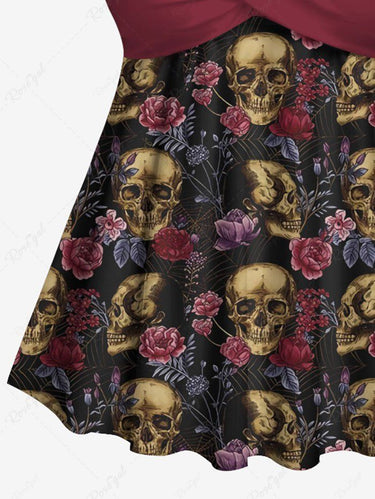 Gothic Skull Floral Tropical Leaves Print Hawaii Twist Halter Backless Tankini Top