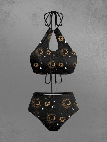 Gothic Sun Moon Stars Print Hollow Out Halter Backless Tankini Swimsuit