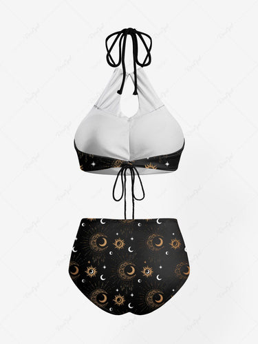 Gothic Sun Moon Stars Print Hollow Out Halter Backless Tankini Swimsuit