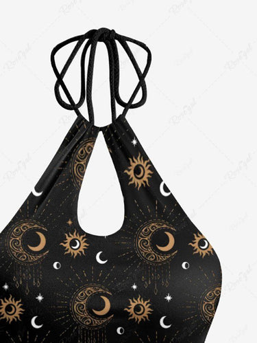 Gothic Sun Moon Stars Print Hollow Out Halter Backless Tankini Swimsuit