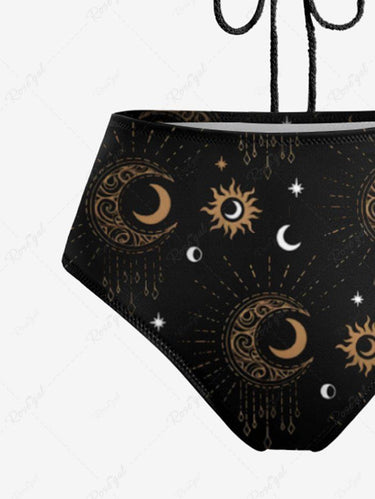 Gothic Sun Moon Stars Print Hollow Out Halter Backless Tankini Swimsuit