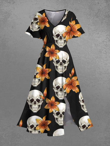 Gothic Plus Size Skull Floral Print Hawaii Split Pocket A Line Midi Dress