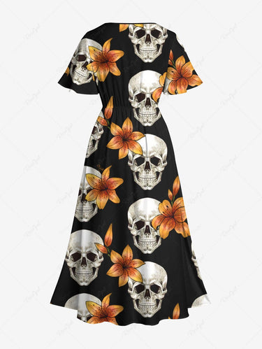 Gothic Plus Size Skull Floral Print Hawaii Split Pocket A Line Midi Dress