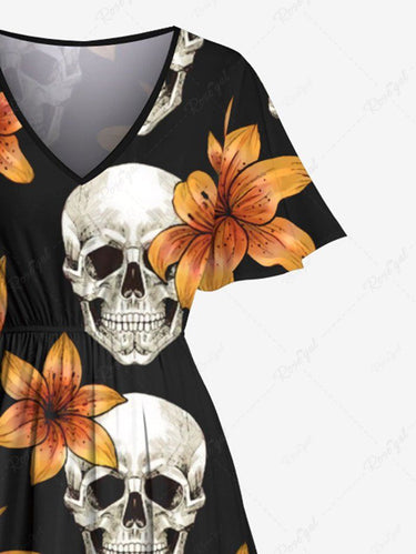 Gothic Plus Size Skull Floral Print Hawaii Split Pocket A Line Midi Dress