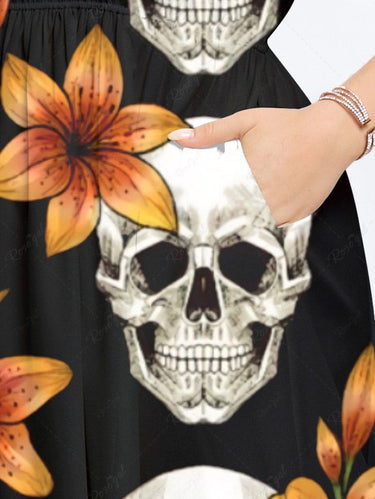 Gothic Plus Size Skull Floral Print Hawaii Split Pocket A Line Midi Dress