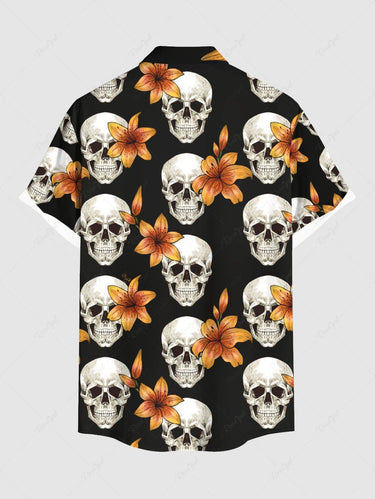 Gothic Plus Size Skull Floral Print Hawaii Button Pocket Shirt For Men