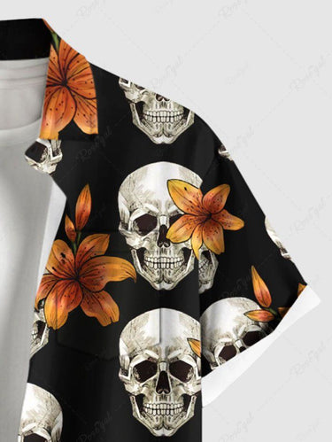 Gothic Plus Size Skull Floral Print Hawaii Button Pocket Shirt For Men