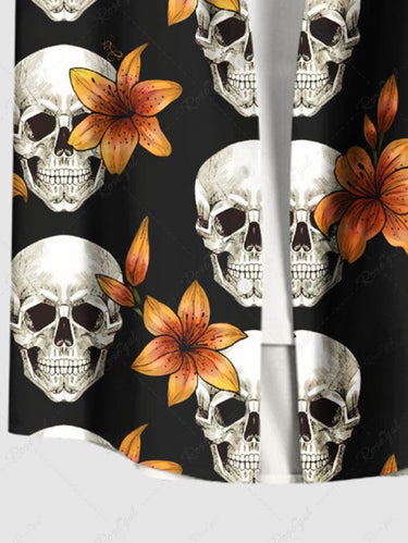 Gothic Plus Size Skull Floral Print Hawaii Button Pocket Shirt For Men