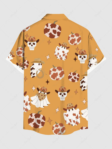 Gothic Plus Size Western Cowboy Style Ghost Skull Spotted Pumpkin Print Button Pocket Shirt For Men